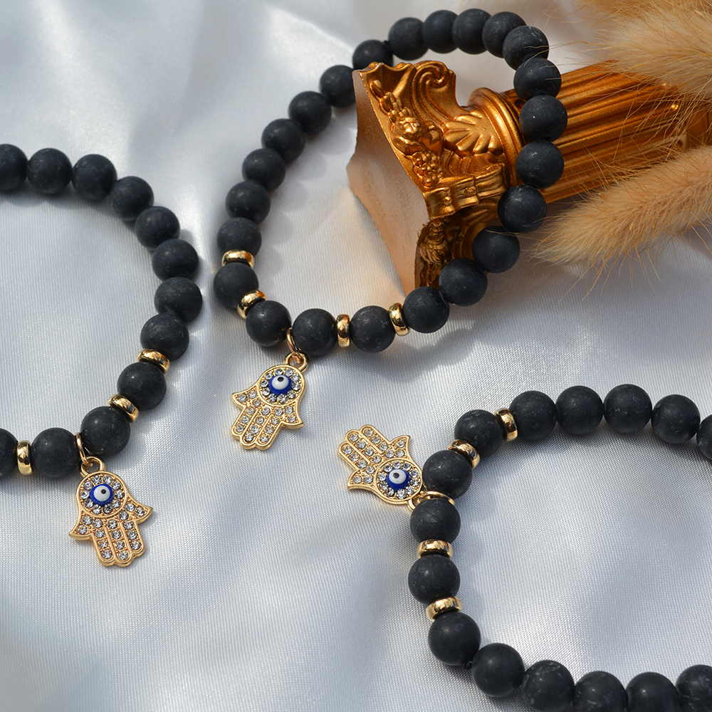 Črni ahat in hamsa hand zapestnica