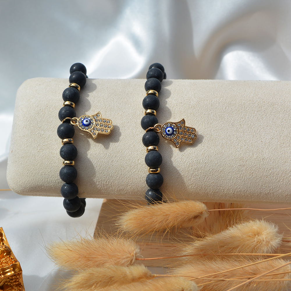 Črni ahat in hamsa hand zapestnica