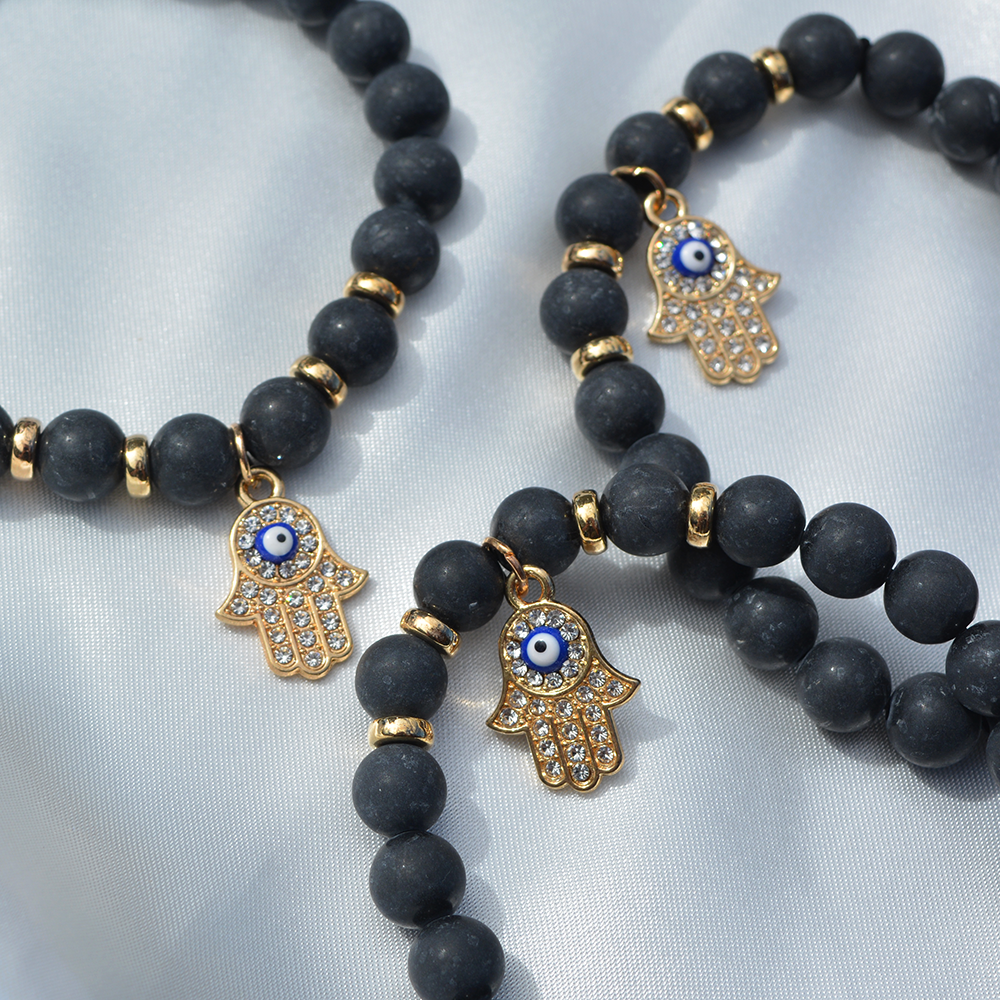 Črni ahat in hamsa hand zapestnica