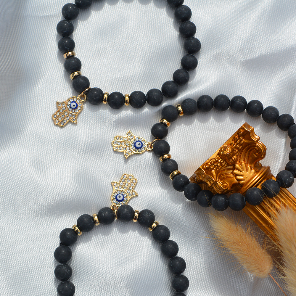 Črni ahat in hamsa hand zapestnica