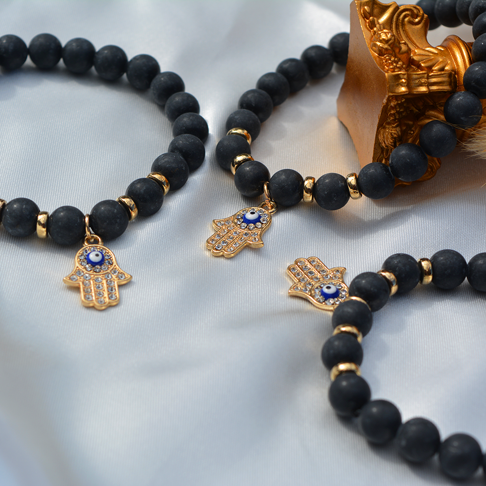 Črni ahat in hamsa hand zapestnica